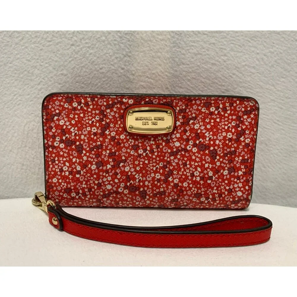 SOLD***Michael Kors Floral Snap Bifold Wallet Wristlet Red Gold - Picture 2 of 12